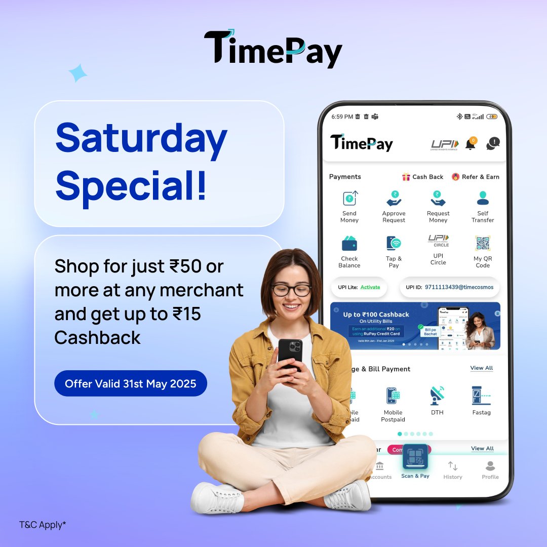 TimePay_UPI's tweet photo. Saturday Special Offers on #TimePay!

Make your Saturday extra special by scoring up to ₹15 cashback on merchant payments above ₹50!

Offer valid only on 31st May 2025 – don’t miss out!

#UPI #offers #cashback https://t.co/AbVLDbWdlp