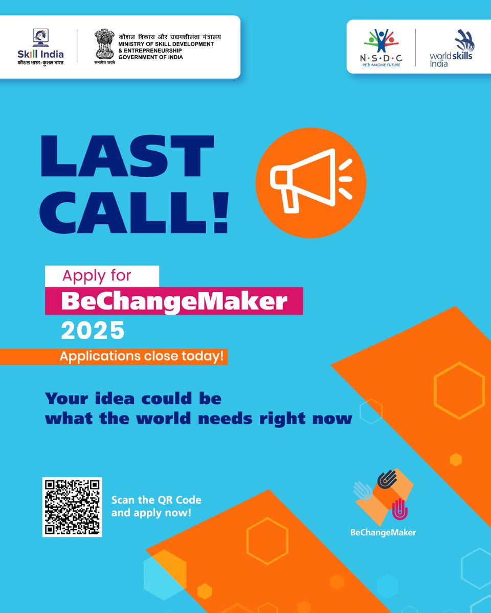 #BeChangeMaker 2025: Last day to apply.
Have an idea that could drive global change?
Apply now and become part of a platform that supports youth-led innovation and social entrepreneurship.
Scan the QR code or visit worldskills.org/what/projects/… to apply.

#WorldSkillsIndia #SkillIndia