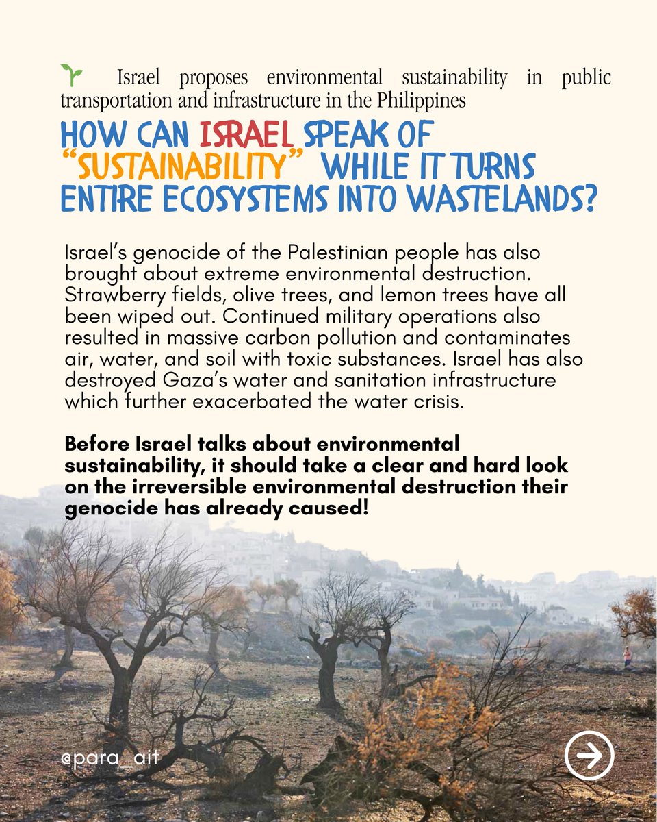 parasacommuters's tweet photo. 🌱 Israel proposes environmental sustainability in public transportation and infrastructure in the Philippines

How can Israel speak of “sustainability”  while it turns entire ecosystems into wastelands? https://t.co/UFuwuGl5rZ