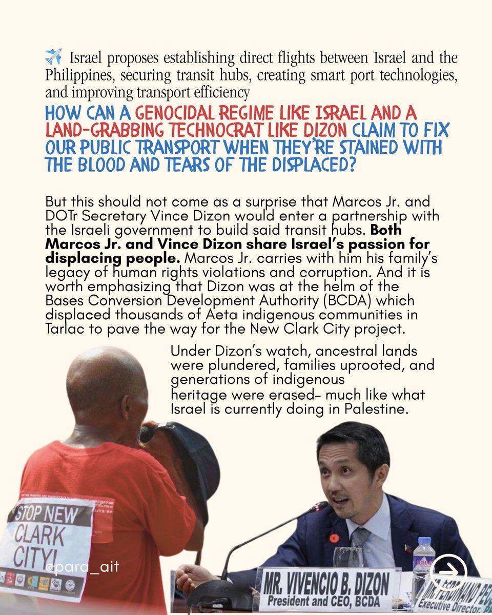 parasacommuters's tweet photo. How can a genocidal regime like Israel and a land-grabbing technocrat like Dizon claim to fix our public transport when they’re stained with the blood and tears of the displaced? https://t.co/g8Gqpe3H79