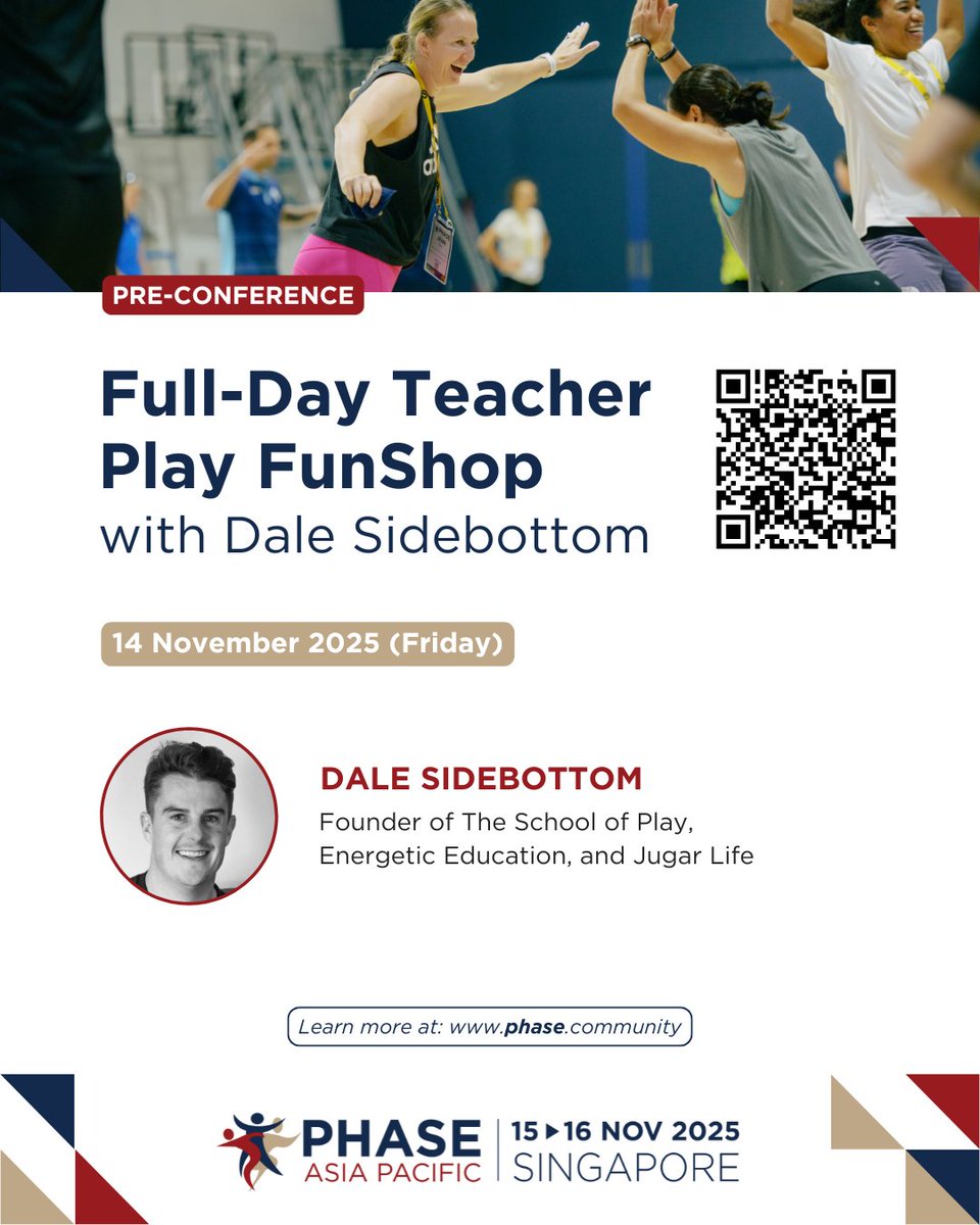 PHASE (@phaseglobal) on Twitter photo ๐ We're thrilled to welcome <a href="/DaleSidebottom/">Dale Sidebottom</a> to #PHASEAP25!
Join us for the "Full-Day Teacher Play FunShop with Dale Sidebottom", a hands-on, energising day of joyful teaching through play!
๐ UWCSEA East Campus
๐๏ธ 14 Nov 2025
๐ zurl.co/J7BEf
#TeacherWellbeing ๐ We're thrilled to welcome <a href="/DaleSidebottom/">Dale Sidebottom</a> to #PHASEAP25!
Join us for the "Full-Day Teacher Play FunShop with Dale Sidebottom", a hands-on, energising day of joyful teaching through play!
๐ UWCSEA East Campus
๐๏ธ 14 Nov 2025
๐ zurl.co/J7BEf
#TeacherWellbeing