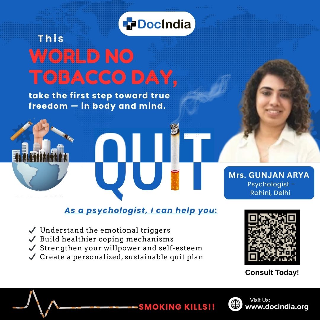 DocIndiaOrg's tweet photo. 🛑On this World No Tobacco Day, Choose Health. Choose Life.
Consult with  Mrs. Gunjan Arya, Counseling Psychologist
Book appointment: https://t.co/XXuKP4NuTC
#WorldNoTobaccoDay #MentalHealthSupport #GunjanArya #QuitTobacco #WellnessFirst https://t.co/6L4TMyBOAg