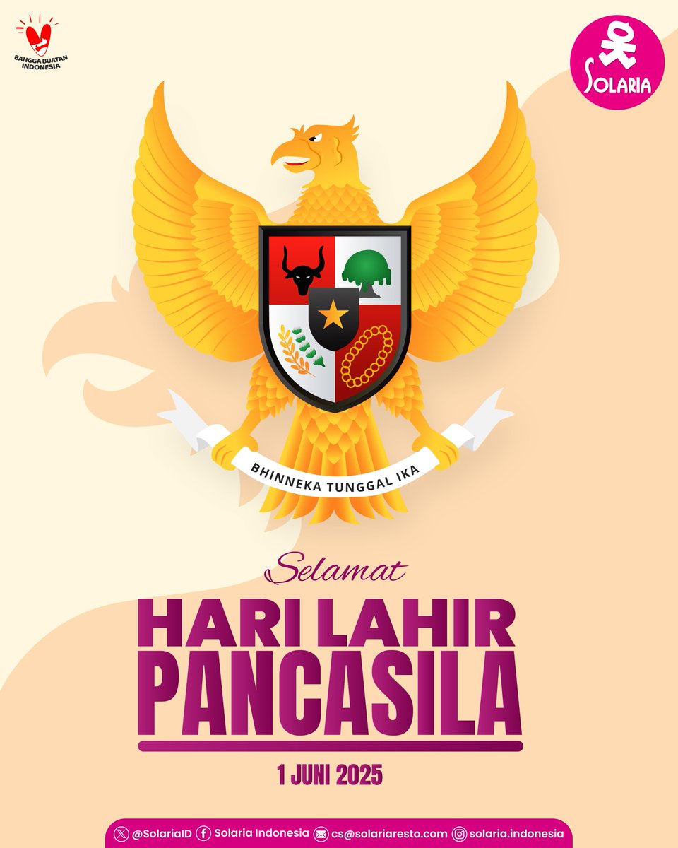 SolariaID's tweet photo. Selamat Hari Lahir Pancasila, #Solarians!
Semoga semangat Pancasila selalu hidup dalam hati kita semua. Yuk rayakan hari ini dengan makan Solaria bareng orang tersayang ❤️
#HariPancasila #Solaria #SolariaResto #SolariaIndonesia #Solaria #Pancasila https://t.co/U7J3wBSRH4