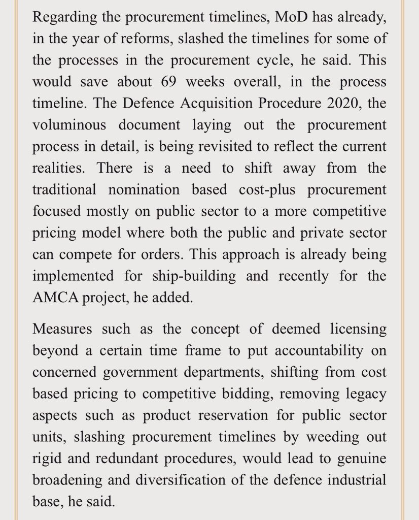 BREAKING ⚠️

After IAF chief ACM AP Singh publicly red-flags “unrealistic timelines” &amp; delayed deliveries, MoD acknowledges. Excerpt here from comments by Defence Secretary RK Singh on slashing timelines, revisiting procurement process to “reflect current realities” and getting