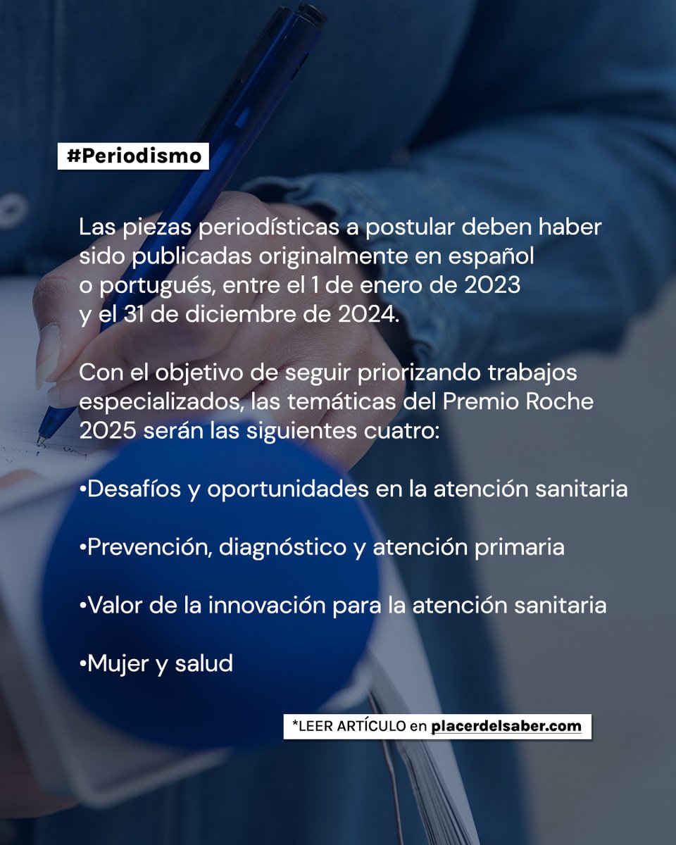 El placer del saber (@placerdelsaber) on Twitter photo 📢Convocatoria al #PremioRoche busca reconocer la excelencia y estimular la cobertura periodística de calidad sobre temas de salud y ciencia en LATAM, España y Portugal. <a href="/FundacionGabo/">Fundación Gabo</a>
*LEER artículo➡️ placerdelsaber.com/2025/05/convoc… 📢Convocatoria al #PremioRoche busca reconocer la excelencia y estimular la cobertura periodística de calidad sobre temas de salud y ciencia en LATAM, España y Portugal. <a href="/FundacionGabo/">Fundación Gabo</a>
*LEER artículo➡️ placerdelsaber.com/2025/05/convoc…