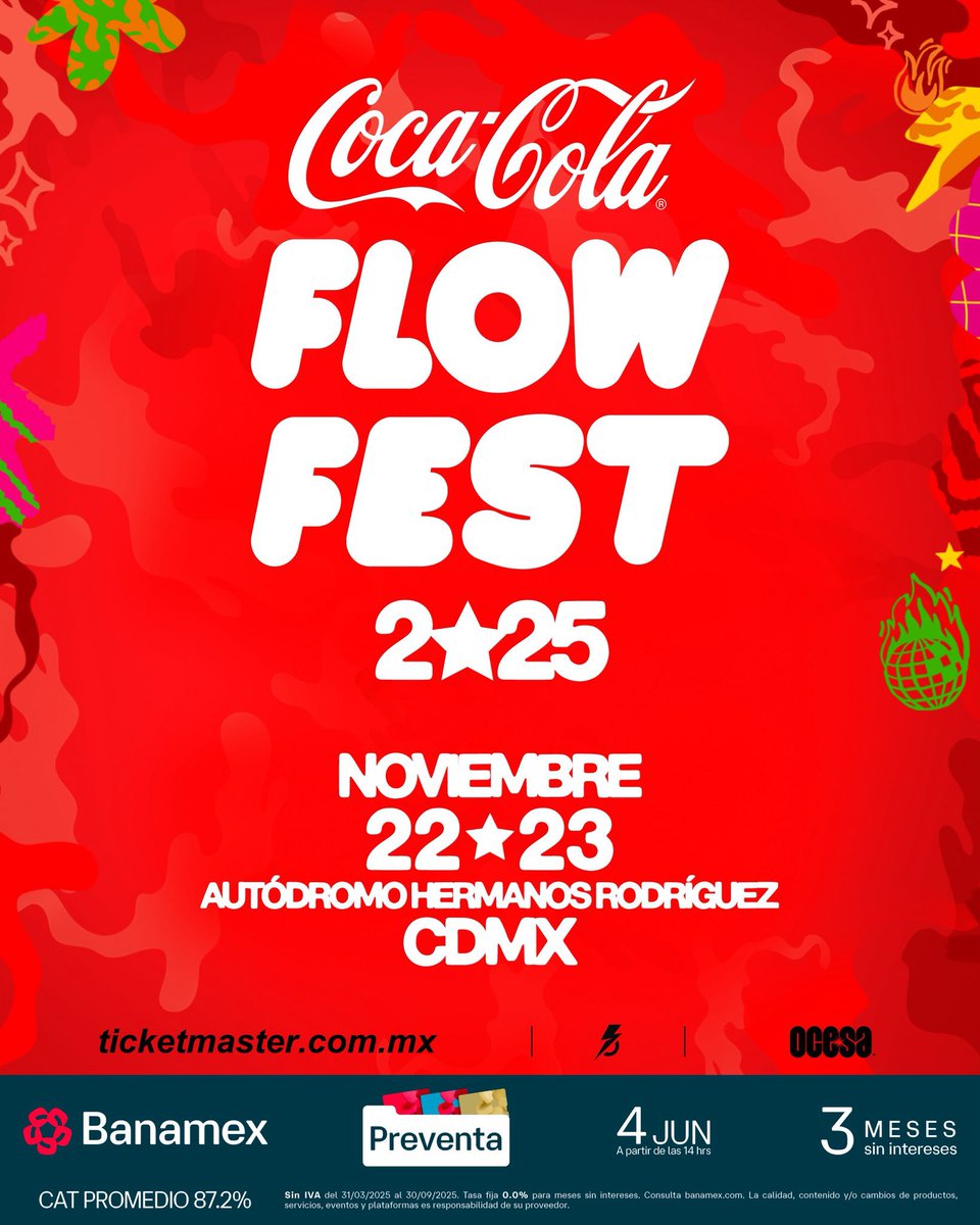 ticketelhamster's tweet photo. 🚨FLOW FEST - VENTA PRECARTEL
📍Autódromo Hermanos Rodríguez 
🗓️22 y 23 de noviembre

🎫Preventa Banamex 4 de junio 11 AM
🎫Venta General 5 de junio 11 AM

#tickethamster #Flowfest @CocaCola_Flow https://t.co/Kj86JJCoVm