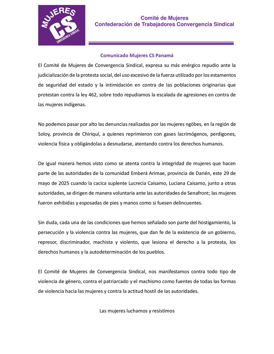 Confederación Convergencia Sindical (@cs_panama) on Twitter photo Comunicado del Comité de Mujeres de <a href="/CS_Panama/">Confederación Convergencia Sindical</a> Comunicado del Comité de Mujeres de <a href="/CS_Panama/">Confederación Convergencia Sindical</a>