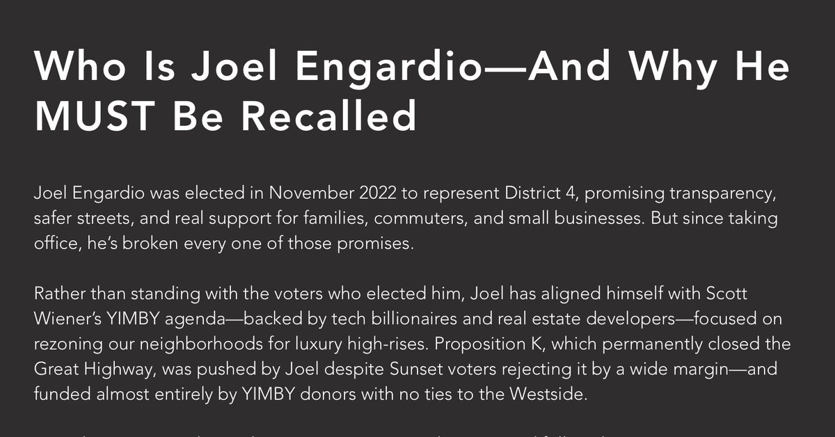 Jeremy Stoppelman (@jeremys) on Twitter photo Via <a href="/Scott_Wiener/">Senator Scott Wiener</a> "The recall against Supervisor Engardio - a superb public servant - isn’t just about the recall or Great Highway. It’s also an attack on SF’s ability to end our severe housing shortage, improve transit & make our streets safer." Via <a href="/Scott_Wiener/">Senator Scott Wiener</a> "The recall against Supervisor Engardio - a superb public servant - isn’t just about the recall or Great Highway. It’s also an attack on SF’s ability to end our severe housing shortage, improve transit & make our streets safer."