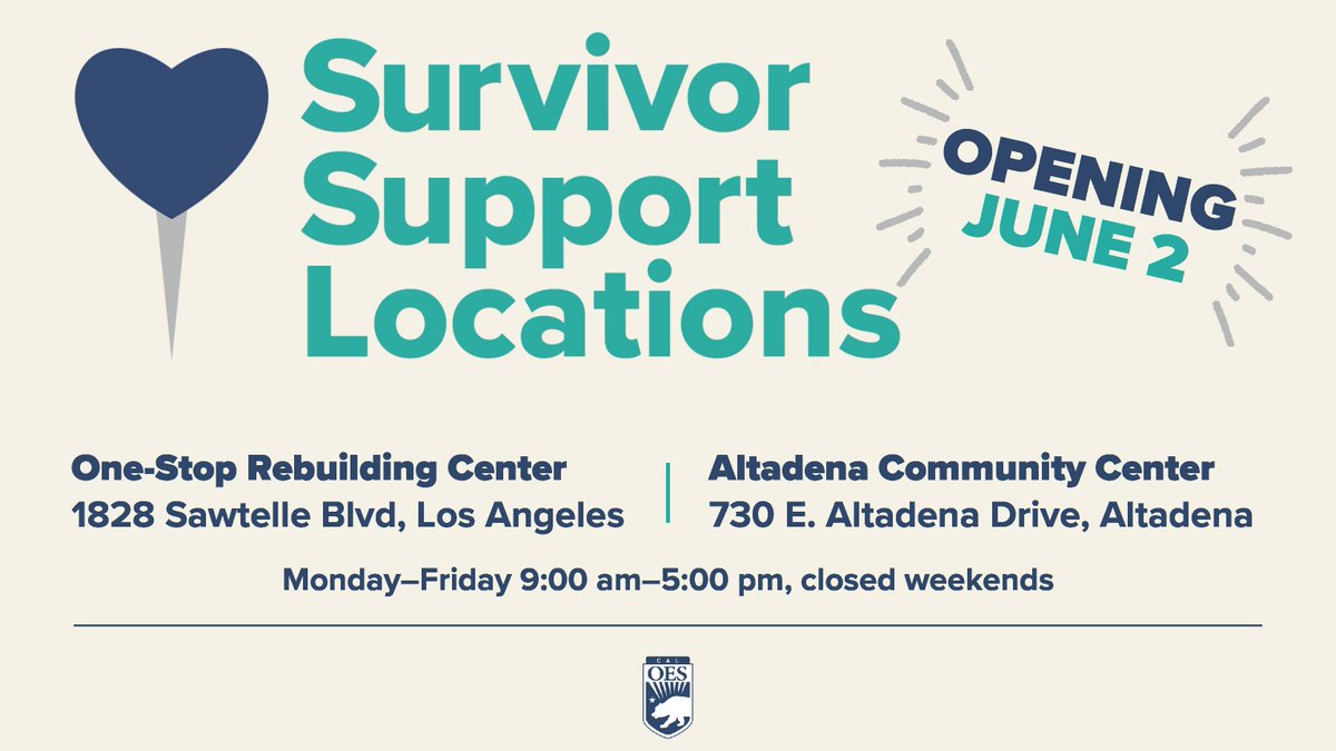 California Governor's Office of Emergency Services (@cal_oes) on Twitter photo Starting Monday June 2, #Palisades and #Eaton fire survivors can receive essential services from FEMA, SBA and select county departments at new locations.
 
Visit recovery.lacounty.gov for more information.
State resources continue to be available to survivors online at Starting Monday June 2, #Palisades and #Eaton fire survivors can receive essential services from FEMA, SBA and select county departments at new locations.
 
Visit recovery.lacounty.gov for more information.
State resources continue to be available to survivors online at