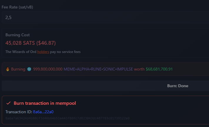 🔥Monthly burn done!🔥

Another 1T gone💨

TxId:

8a6a7a63424d4b80cf3d46b64b51e443f80fc7d823043dc487783c81739122a0

Support to <a href="/TheWizardsOfOrd/">🧙🏽‍♂️ The Wizards of Ord ⚡️</a> and their work, thanks!

$MARSI 

👀