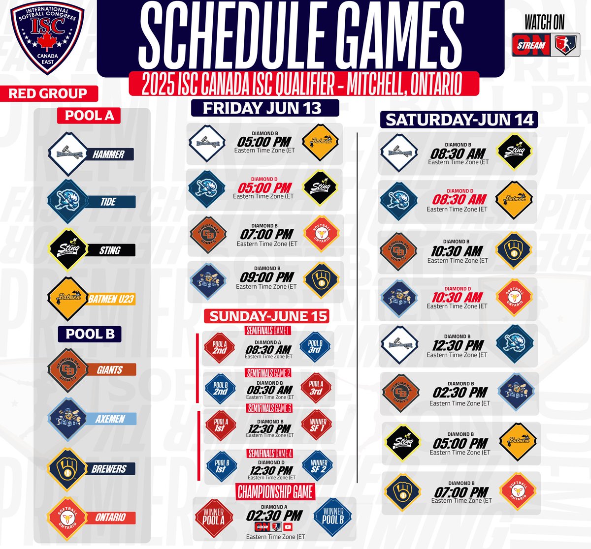 #Breakingnews🚨

🔝2025 ISC Canada East #Schedule

📆 Jun 13 - 14 - 15  2025 

Event: 2025 Isc Canadá east #qualifier
📍Mitchell  , Ontario 🇨🇦

2 Group 
- White ⚪️
- Red    🔴

ℹ️More info : Blair JS Setford | Joe Todd

🎥  Watch on : youtube.com/@softballpremi…

<a href="/ISCFastpitch/">ISCFastpitch</a>