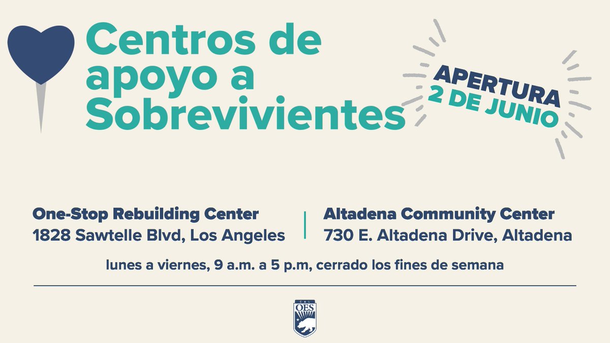 California Governor's Office of Emergency Services (@cal_oes) on Twitter photo A partir de este lunes 2 de junio, 2025 sobrevivientes de los incendios #Palisades y #Eaton, recibirán asistencia y servicios esenciales de <a href="/fema/">FEMA</a>, <a href="/SBAgov/">SBA</a>  y algunos Departamentos del condado en nuevas ubicaciones. 
Para más información sobre horas y direcciones, visite A partir de este lunes 2 de junio, 2025 sobrevivientes de los incendios #Palisades y #Eaton, recibirán asistencia y servicios esenciales de <a href="/fema/">FEMA</a>, <a href="/SBAgov/">SBA</a>  y algunos Departamentos del condado en nuevas ubicaciones. 
Para más información sobre horas y direcciones, visite