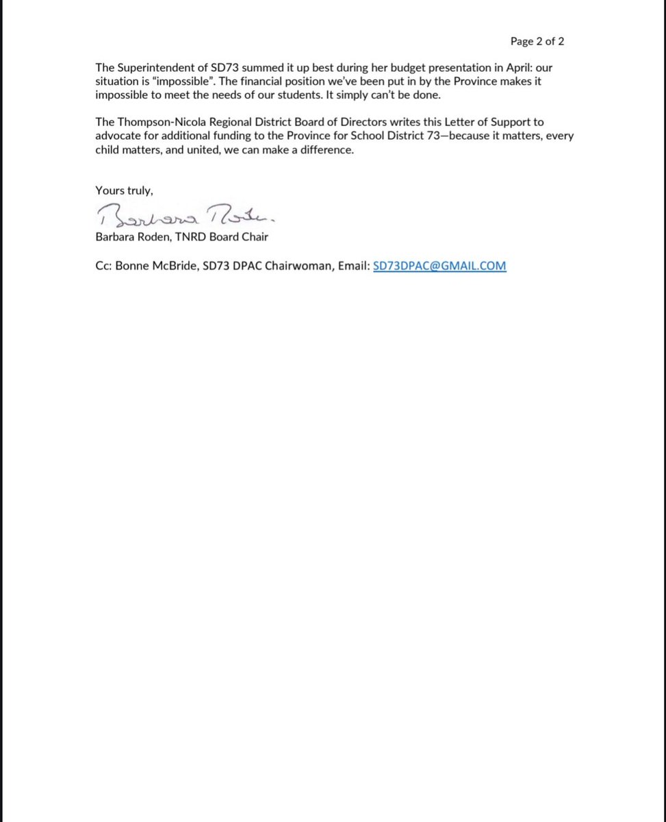 A huge thank you to the <a href="/TNRD/">TNRD</a> Board for adding their voice to our call for adequate school district funding for <a href="/Kamloops_SD73/">Kamloops SD 73</a>. 

The province can't continue to ask school boards to operate on 2008 cost models. We are failing kids. 

More to come! #bcpoli