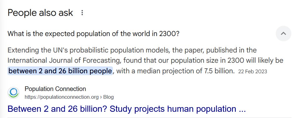 That's a pretty big error margin from the #UnitedNations when I asked it the projected global population in 2300.

'Between 2 billion and 26 billion.'

Current population: 8.2 billion.