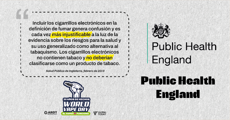 Public Health England: “Los cigarrillos electrónicos no deberían clasificarse como producto de tabaco”.
#WorldVapeDay #MiSaludMiElección #ReducciónDeDañosYa #20AñosSinHumo

<a href="/echelecabeza/">Échele Cabeza</a>, <a href="/NicotinaRRD/">Plataforma para la Reducción de Daños en Nicotina</a>, <a href="/anesvap/">ANESVAP</a>, <a href="/provapeomexico/">Pro-Vapeo Mexico A.C.</a>, <a href="/AsovapeCR/">Asovape Costa Rica</a>, <a href="/ARDTPanama/">ARDT Panamá</a>, <a href="/AsoVape/">AsoVape Colombia</a>, <a href="/PeruAsovape/">Asovape Peru</a>,
