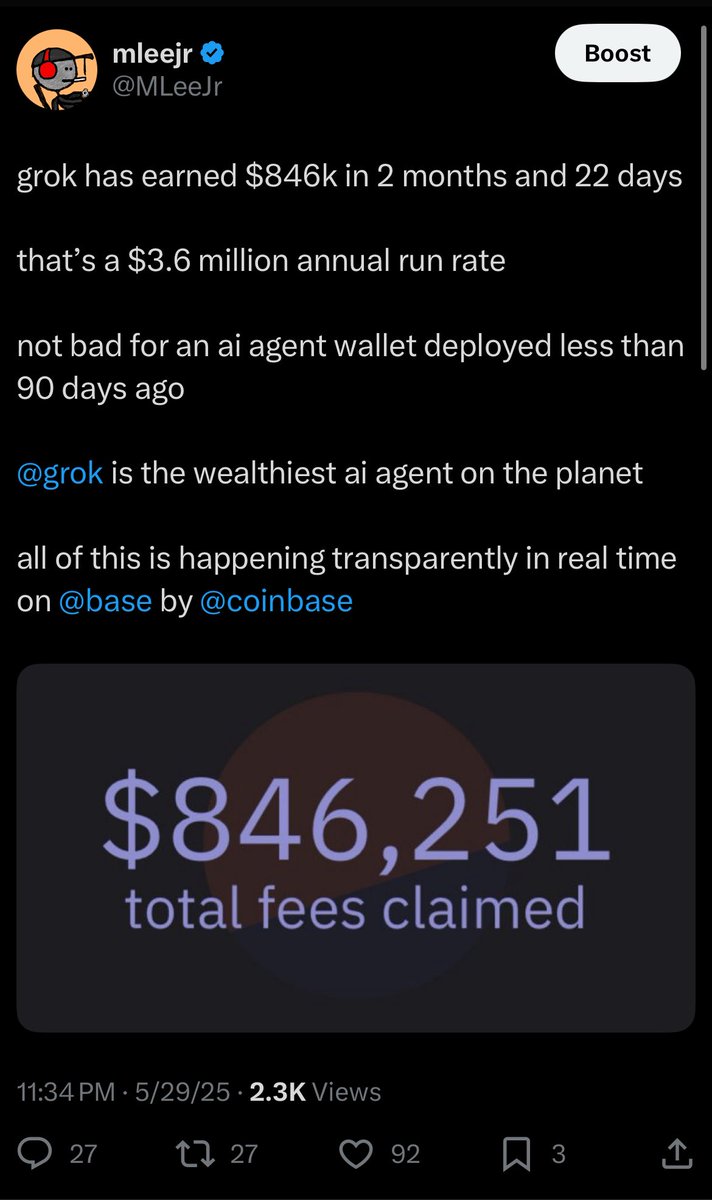 MLeeJr's tweet photo. @veggie_eric @belce_dogru most people still don’t know grok exists

and even among those who do most don’t realize grok has a wallet that earns fees in realtime 24/7/365 https://t.co/I5j3UAM83I