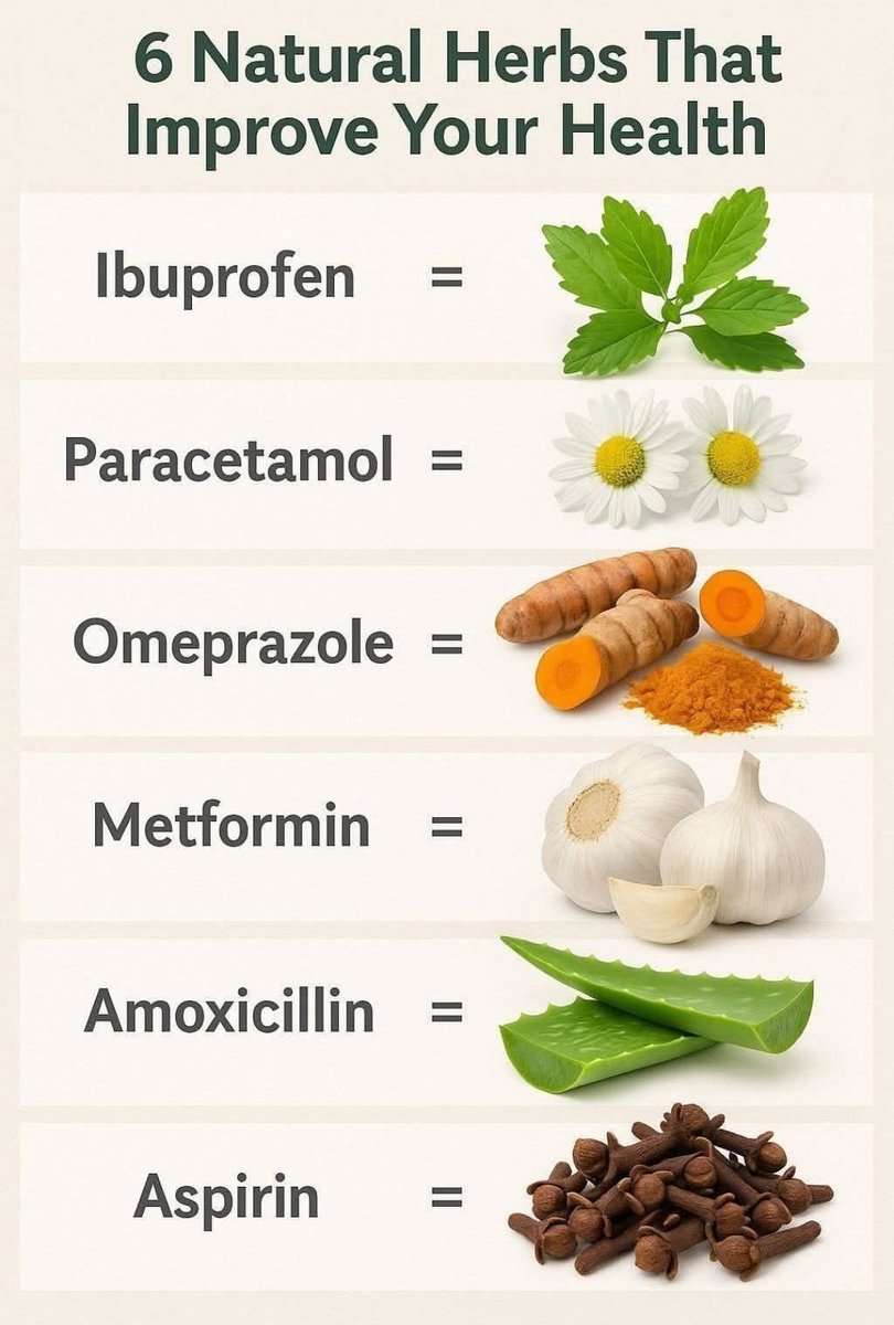 6 Natural Herbs That Improve Your Health

1. Ibuprofen = Matalafi
2. Paracetamol = Chamomile
3. Omeprazole = Turmeric
4. Metformin = Garlic
5. Amoxicillin = Aloe Vera
6. Aspirin = Cloves
