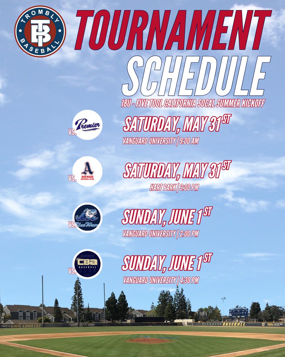 Steve Trombly (@tromblybaseball) on Twitter photo Here are the <a href="/TromblyTribe/">TromblyTribe</a> 18U and 16U schedules and rosters for this weekend’s <a href="/FiveToolCA/">Five Tool California</a> So Cal Summer Kickoff.
#EarnIt #RollTribe #TBRecruits Here are the <a href="/TromblyTribe/">TromblyTribe</a> 18U and 16U schedules and rosters for this weekend’s <a href="/FiveToolCA/">Five Tool California</a> So Cal Summer Kickoff.
#EarnIt #RollTribe #TBRecruits
