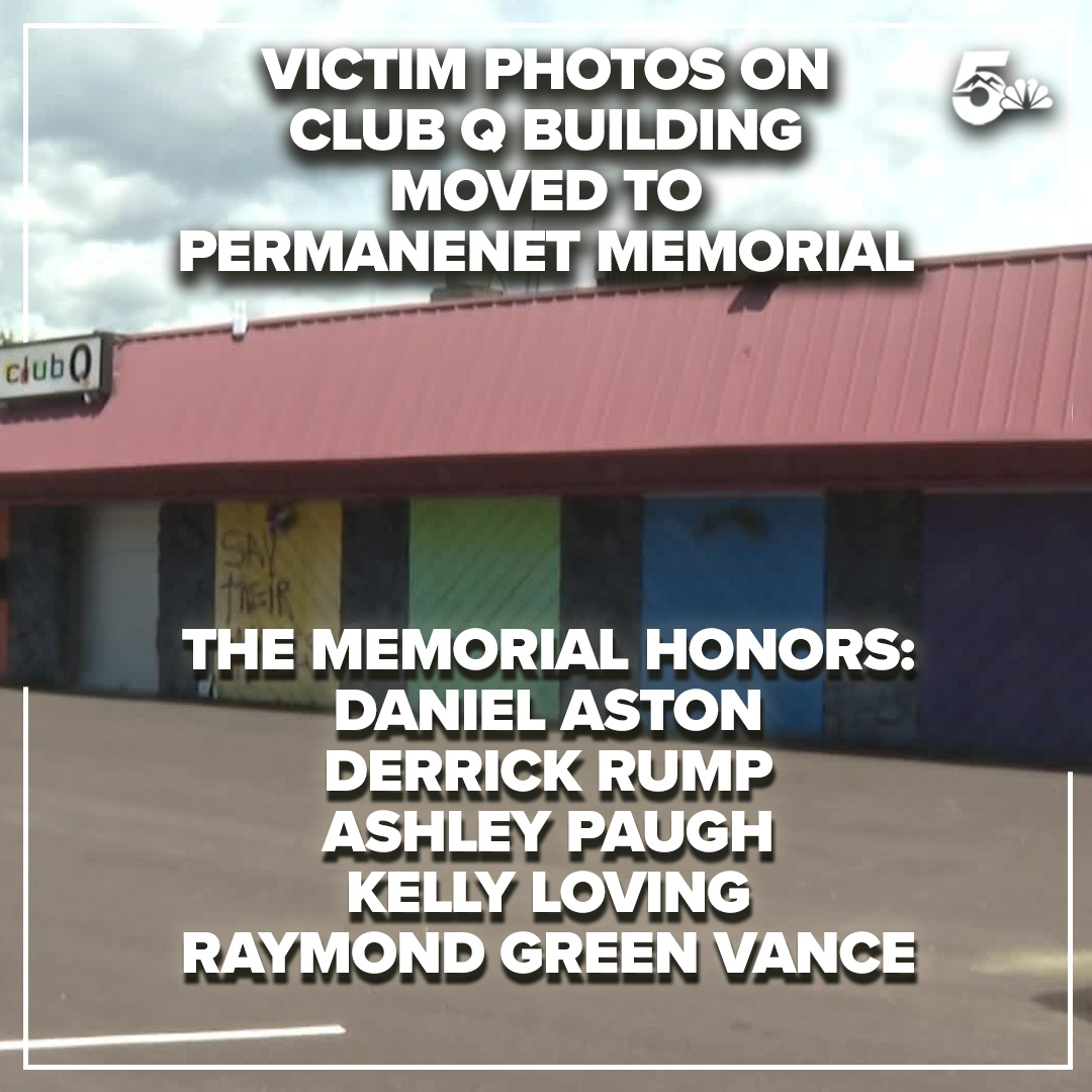 KOAA's tweet photo. The pictures of the Club Q shooting victims, Derrick Rump, Daniel Aston, Kelly Loving, Ashley Paugh, and Raymond Green Vance, have been taken down from the front wall and placed on the permanent Club Q Memorial.

More at: https://t.co/1PF4zC59wZ   

#clubq #clubqstrong https://t.co/qOXyNHbCEf