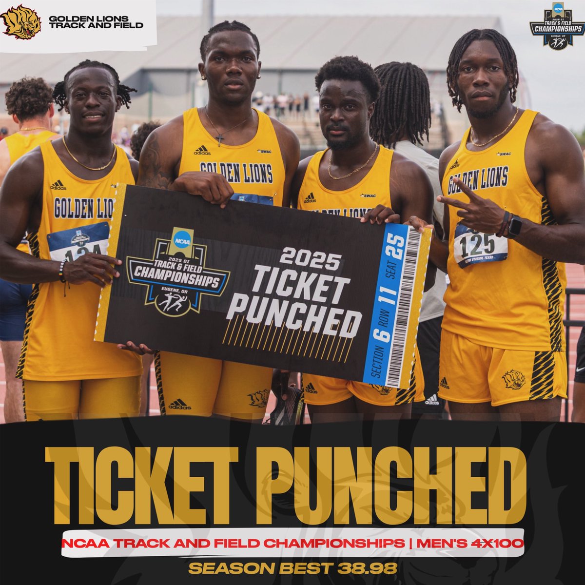 ππ¨π₯πππ§ ππ’π¨π§π¬ πππ‘π₯πππ’ππ¬ (@uapblionsroar) on Twitter photo π₯ TICKET PUNCHED! π₯
<a href="/UAPBLionsTFXC/">ππππ ππ
ππ</a> are headed to the big stage! They blazed to a season-best 38.98 in the menβs 4x100m at the NCAA West First-Round Regional β earning their spot at the NCAA Division I Outdoor Track & Field Championships! ππ¦
Next stop: Eugene, Oregon πͺπ½π¨ π₯ TICKET PUNCHED! π₯
<a href="/UAPBLionsTFXC/">ππππ ππ
ππ</a> are headed to the big stage! They blazed to a season-best 38.98 in the menβs 4x100m at the NCAA West First-Round Regional β earning their spot at the NCAA Division I Outdoor Track & Field Championships! ππ¦
Next stop: Eugene, Oregon πͺπ½π¨