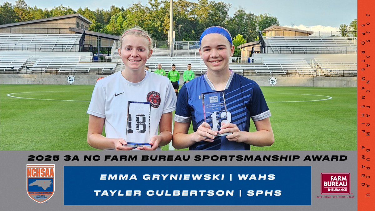 NCHSAA (@nchsaa) on Twitter photo Congratulations to the 3A Women’s Soccer <a href="/NCFarmBureau/">NC Farm Bureau Federation</a> Sportsmanship Award Winners!
🏆Emma Gryniewski <a href="/We_Are_WA/">Western Alamance HS</a>
🏆Tayler Culbertson <a href="/RedRaiders/">SPHS Red Raiders</a>
#RespectTheGame #NCHSAA Congratulations to the 3A Women’s Soccer <a href="/NCFarmBureau/">NC Farm Bureau Federation</a> Sportsmanship Award Winners!
🏆Emma Gryniewski <a href="/We_Are_WA/">Western Alamance HS</a>
🏆Tayler Culbertson <a href="/RedRaiders/">SPHS Red Raiders</a>
#RespectTheGame #NCHSAA