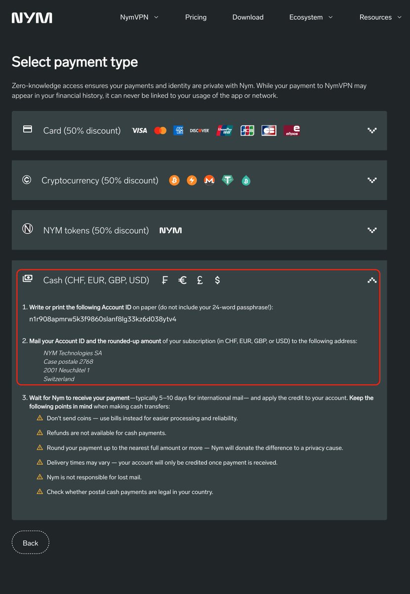 Signing up for <a href="/nym/">Nym</a> VPN. Pretty radical that they accept payment in mailed physical cash

Possibly the most private payment option of all?