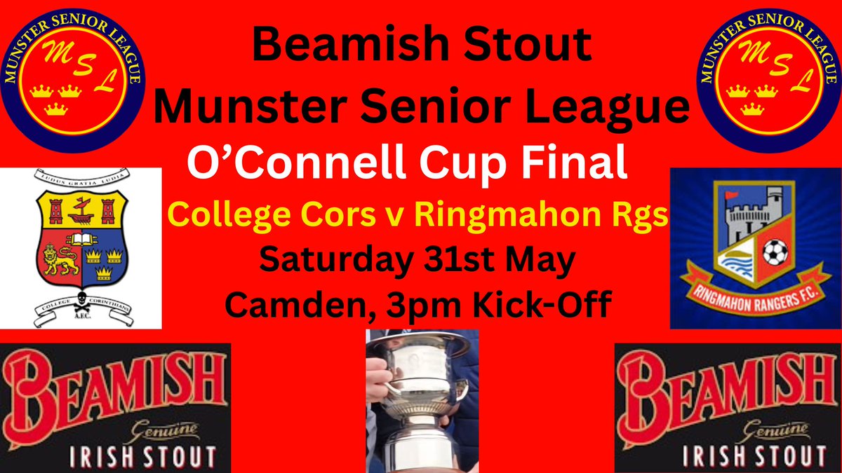 Another thriller of a Cup Final in the making !!!
College Corinthians v Ringmahon Rangers, Camden, (Crosshaven) 3pm Sat 31st May.