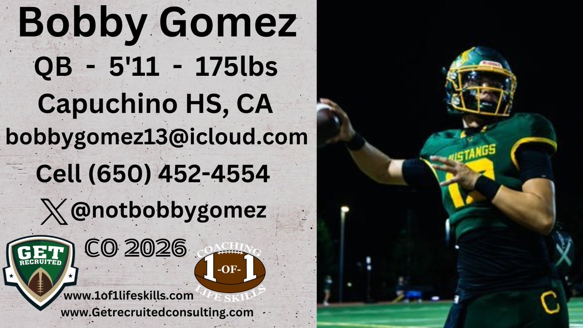 Get Recruited (@get__recruited) on Twitter photo Bobby Gomez - CO 2026 - QB - 5'11, 175lbs - 4.67 GPA - Athletic, smart, great release, strong arm. Capuchino HS, CA. - Player Info: x.com/notbobbygomez <a href="/notbobbygomez/">Bobby Gomez</a> @1of1lifeskills <a href="/SacHornetsFB/">Sac State Football</a> <a href="/calpolyfootball/">Cal Poly Football</a> <a href="/UCDfootball/">UC Davis Football</a> <a href="/USDFootball/">San Diego Football</a> <a href="/DrakeBulldogsFB/">Drake Football</a> <a href="/HCrossFB/">Holy Cross Football</a> Bobby Gomez - CO 2026 - QB - 5'11, 175lbs - 4.67 GPA - Athletic, smart, great release, strong arm. Capuchino HS, CA. - Player Info: x.com/notbobbygomez <a href="/notbobbygomez/">Bobby Gomez</a> @1of1lifeskills <a href="/SacHornetsFB/">Sac State Football</a> <a href="/calpolyfootball/">Cal Poly Football</a> <a href="/UCDfootball/">UC Davis Football</a> <a href="/USDFootball/">San Diego Football</a> <a href="/DrakeBulldogsFB/">Drake Football</a> <a href="/HCrossFB/">Holy Cross Football</a>