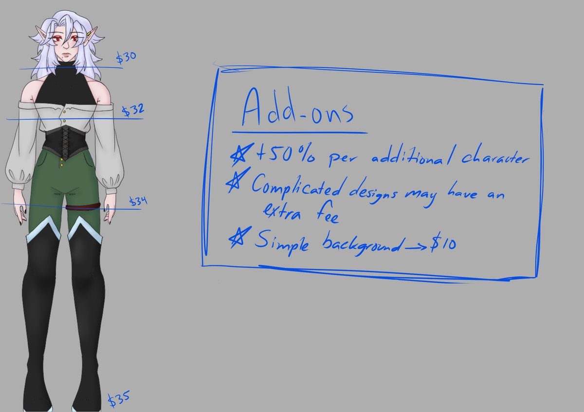 Here is the sheet back up! Please dm me if you have any questions/want to commission me. I love drawing D&amp;D characters and would be happy to do so.
