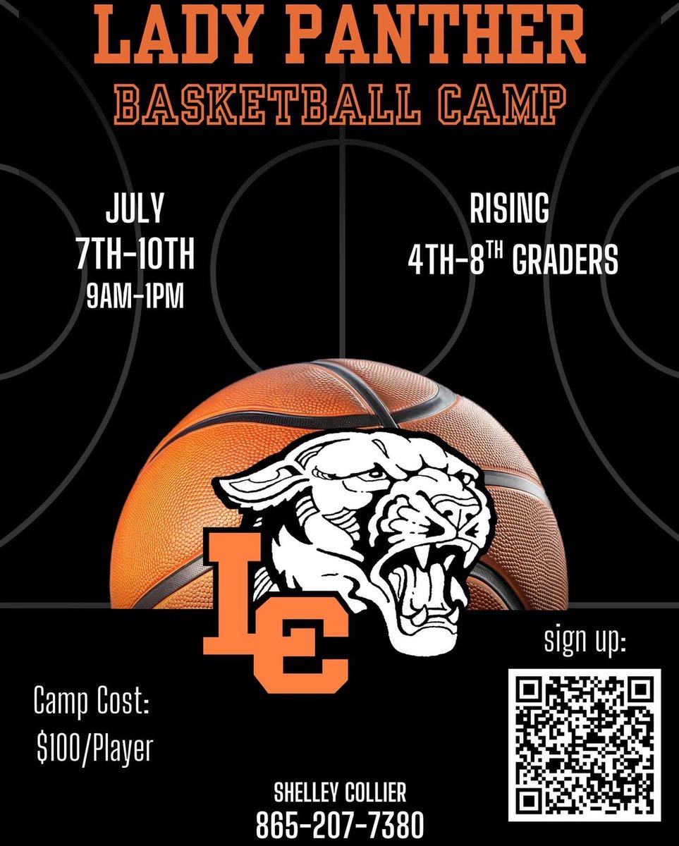 We can’t wait for our Lady Panther camp—July 7th-10th!! 🏀🧡 Get signed up soon! Scan the QR code or sign up through the link: docs.google.com/forms/d/e/1FAI…