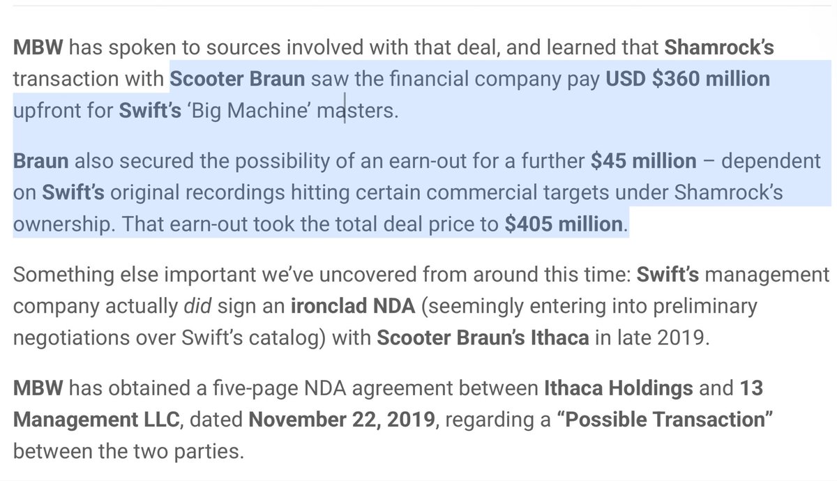 happyETwmc's tweet photo. @imalltoowell @delphiswhoracle @scheisebaby @PopCrave The $405M is structure as $360M upfront, $45M is the potential income for sharing the profit generated from the catalogue, which Shamrock would keep the rest. https://t.co/e1bST7qtPZ