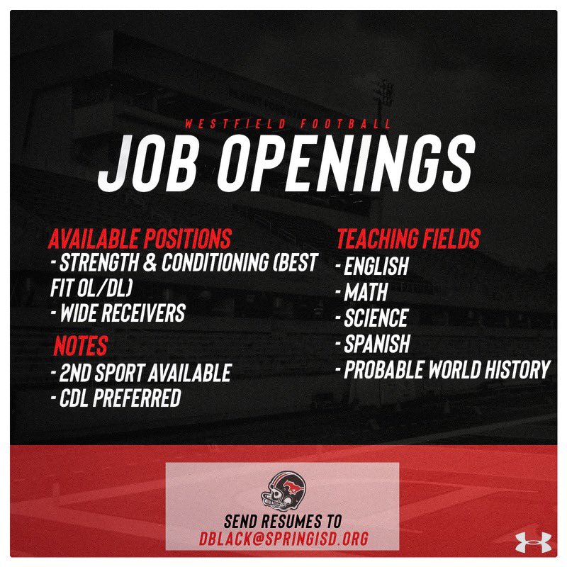 Westfield Mustang Football (@fb_westfield) on Twitter photo Looking for the best of the best! We want transformational coaches! These are key positions we are looking to fill! Come make a difference!
Please Email Coach Black
<a href="/Matt_Stepp817/">Matt Stepp</a> <a href="/Tepper/">Greg Tepper</a> <a href="/DezBlackCoach/">Dez Black</a> <a href="/SpringISDAthl/">Spring ISD Athletics</a> <a href="/THSCAcoaches/">THSCA</a> <a href="/HispanicTXHSFB/">Hispanic TXHSFB Coaches Association</a> <a href="/BlackCoachesTX/">Black Coaches of Texas</a> Looking for the best of the best! We want transformational coaches! These are key positions we are looking to fill! Come make a difference!
Please Email Coach Black
<a href="/Matt_Stepp817/">Matt Stepp</a> <a href="/Tepper/">Greg Tepper</a> <a href="/DezBlackCoach/">Dez Black</a> <a href="/SpringISDAthl/">Spring ISD Athletics</a> <a href="/THSCAcoaches/">THSCA</a> <a href="/HispanicTXHSFB/">Hispanic TXHSFB Coaches Association</a> <a href="/BlackCoachesTX/">Black Coaches of Texas</a>