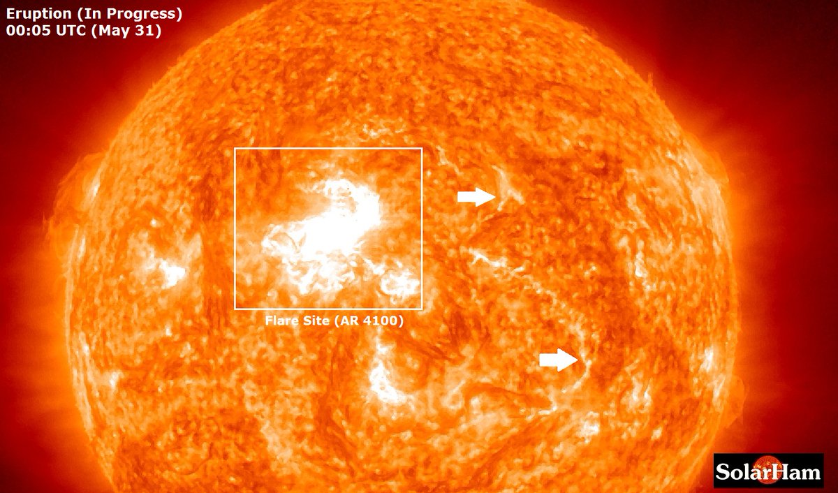 A long duration eruption reaching the M8+ level is currently in progress around AR 4100 near center disk. This event is likely going to produce a coronal mass ejection. Stay tuned. SolarHam.com