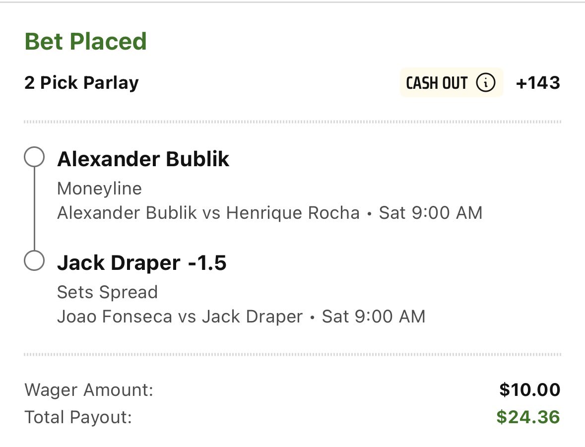 LADDER CHALLENGE DAY 1🪜

#RolandGarros 

Parlay (+143)
🇰🇿Alexander Bublik ML 
🇬🇧Jack Draper -1.5 Sets

$10.00 → $24.36

❤️ = TAILING

#GamblingX #sportsbetting