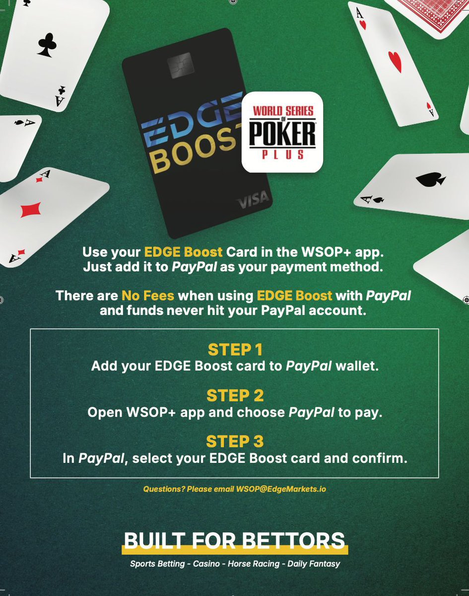 WSOP's tweet photo. When you use EDGE with PayPal and there's no in-person credit card verification line or fees...

🧠: Really?
🤯

Quick. Easy. Seamless. 
#WSOP #EDGE #EDGEBoost @edgeboostbets https://t.co/dgOD1Arq9H