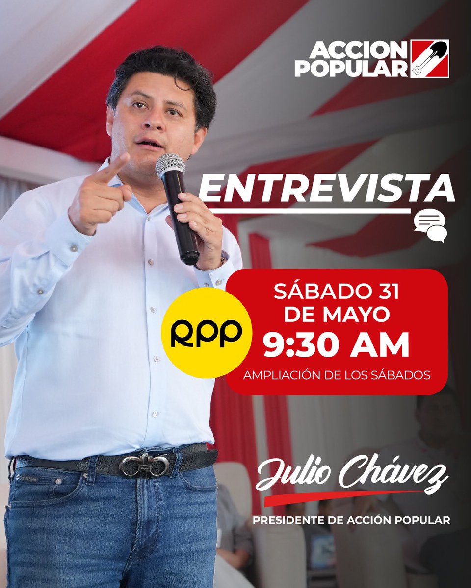 Amigos y correligionarios, mañana estaré a partir de las 9:30am en “Ampliación de los Sábados” por <a href="/RPPNoticias/">RPP Noticias</a>, para conversar de diversos temas de la coyuntura política.
Adelante!

<a href="/AccionPopular/">Partido Político Acción Popular</a> <a href="/AccionPopularOk/">Partido Acción Popular</a> <a href="/ApBancada/">Bancada Acción Popular 🇵🇪</a>