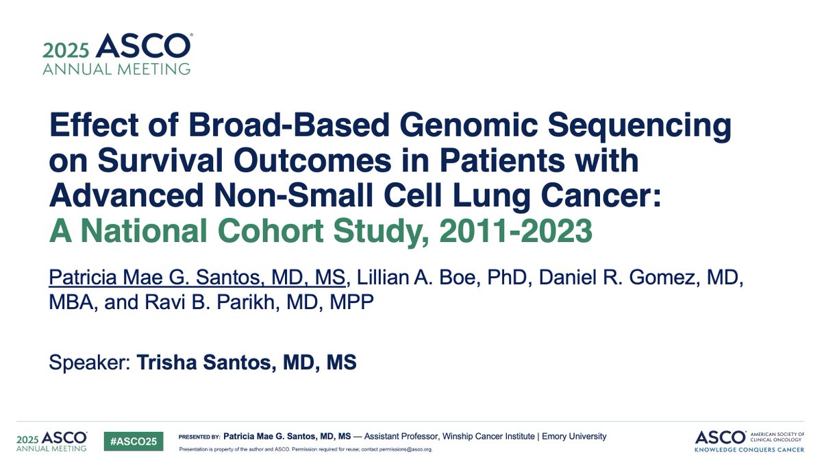 Trisha Santos, MD, MS (@trishasantosmd) on Twitter photo In the era of modern targeted therapy, does broad-based genomic sequencing🧬(v. standard biomarkers) improve outcomes in aNSCLC? #lcsm🫁
Come learn more at my rapid oral session with <a href="/ravi_b_parikh/">Ravi B. Parikh</a> <a href="/HAClab_/">Human Algorithm Collaboration Lab</a> <a href="/WinshipAtEmory/">Winship Cancer Institute of Emory University</a> at <a href="/ASCO/">ASCO</a>!
Room S402 | Tomorrow, 5/31 @ 8AM🌞 #ASCO2025 In the era of modern targeted therapy, does broad-based genomic sequencing🧬(v. standard biomarkers) improve outcomes in aNSCLC? #lcsm🫁
Come learn more at my rapid oral session with <a href="/ravi_b_parikh/">Ravi B. Parikh</a> <a href="/HAClab_/">Human Algorithm Collaboration Lab</a> <a href="/WinshipAtEmory/">Winship Cancer Institute of Emory University</a> at <a href="/ASCO/">ASCO</a>!
Room S402 | Tomorrow, 5/31 @ 8AM🌞 #ASCO2025