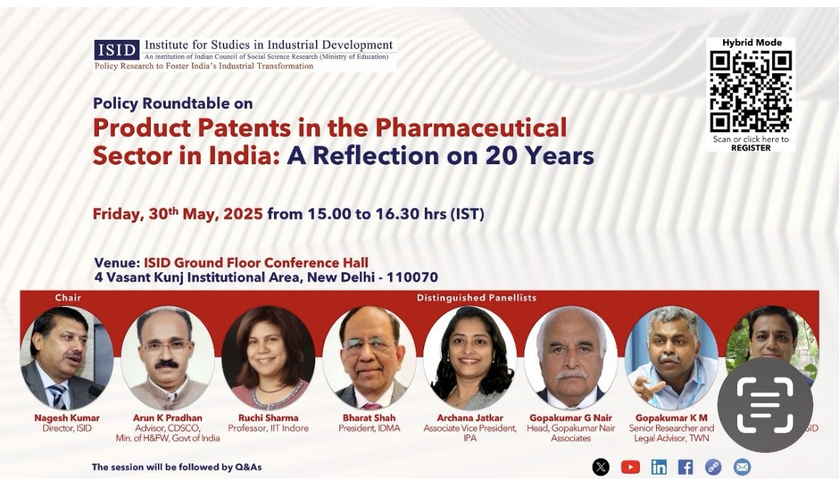 ISID’s insightful roundtable on Product Patents in the Pharma Sector:India must not allow any dilution of Section 3(d) of the Indian Patents Act! Compliance with TRIPS as Gold  standard ⁦<a href="/ISID_India/">Institute for Studies in Industrial Development</a>⁩ ⁦<a href="/nageshkum/">Nagesh Kumar, PhD</a>⁩
⁦<a href="/ajaydgft/">Ajay Srivastava</a>⁩