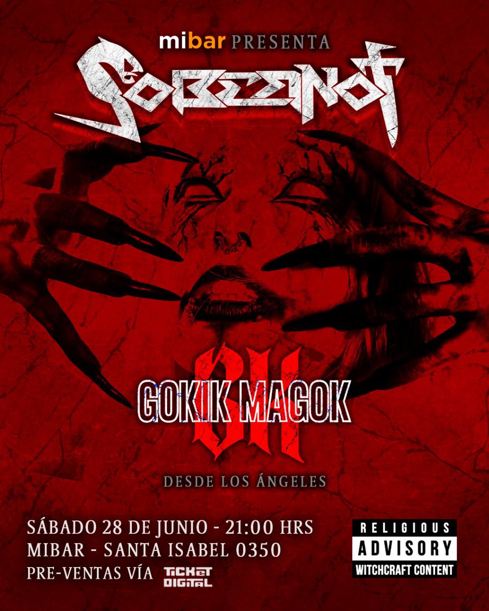 ⚠ ALERTA DE SHOW! ⚠  #Sobernot y #GokikMagok en vivo 🔥

Tras una exitosa celebración, nos presentamos nuevamente para repasar nuestros primeros 10 años de carrera, además de presentar en <a href="/MiBardeRock/">MiBar</a> muestro nuevo single “The Burgundy Witch” 👹

Esta poderosa jornada tiene