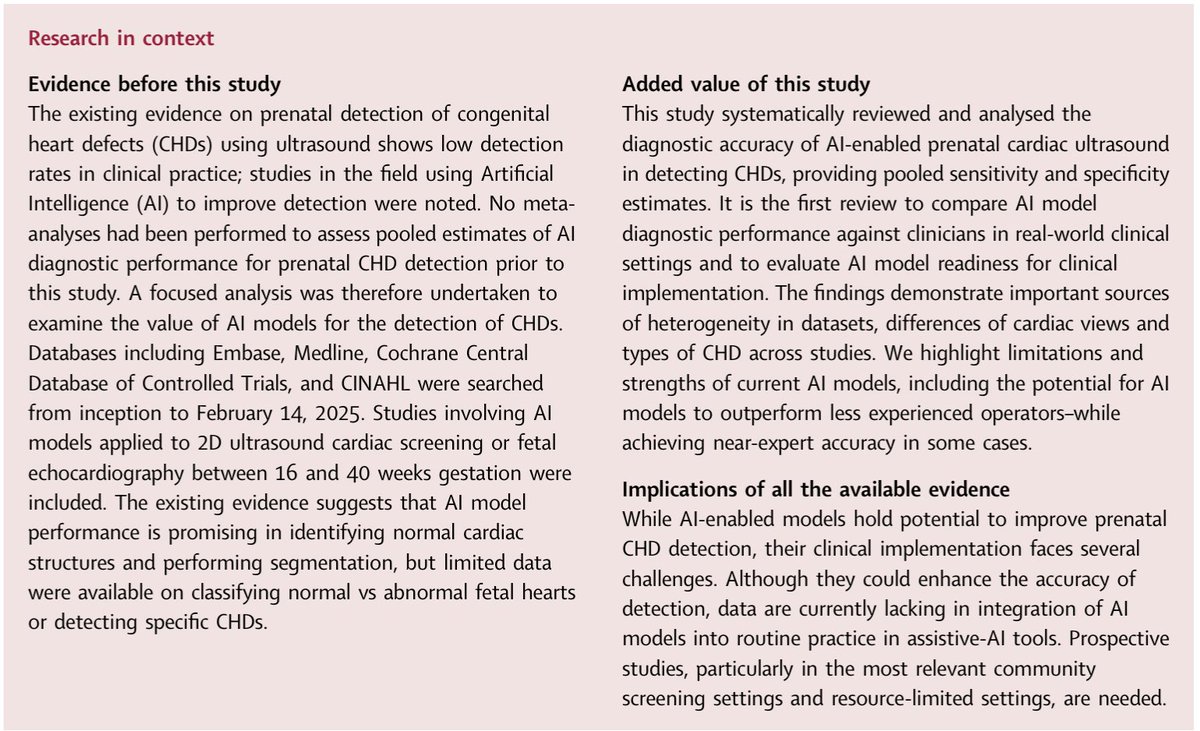 Aris Papageorghiou (@fetalultrasound) on Twitter photo 🚨 New paper alert!
AI can analyse pregnancy ultrasound.
This is promising in for fetal heart defects: AI outperforms less experienced clinicians and nears expert accuracy... though high bias risk & heterogeneity of data limit conclusions. <a href="/UniofOxford/">University of Oxford</a>
rb.gy/nzxxy6 🚨 New paper alert!
AI can analyse pregnancy ultrasound.
This is promising in for fetal heart defects: AI outperforms less experienced clinicians and nears expert accuracy... though high bias risk & heterogeneity of data limit conclusions. <a href="/UniofOxford/">University of Oxford</a>
rb.gy/nzxxy6
