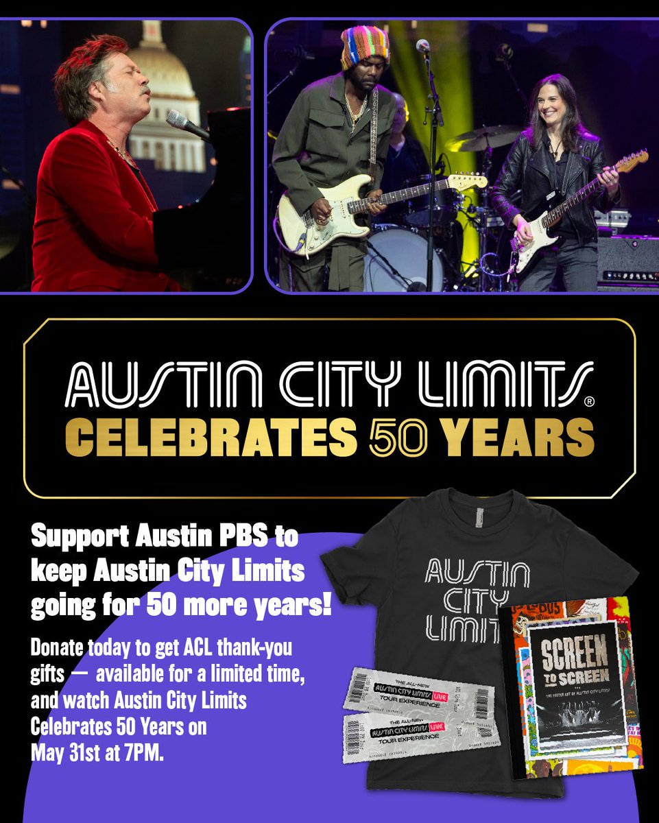 Austin City Limits (@acltv) on Twitter photo Without <a href="/austinpbs/">Austin PBS</a>, there would be no Austin City Limits!
Austin PBS will air 'ACL Celebrates 50 Years' tomorrow, 5/31 at 7pm, offering exclusive ACL thank-you gifts for supporting their Summer Fund Drive.
Donate now: donate.austinpbs.org/austinpbs/dona…
#thankyou #acltv #atx Without <a href="/austinpbs/">Austin PBS</a>, there would be no Austin City Limits!
Austin PBS will air 'ACL Celebrates 50 Years' tomorrow, 5/31 at 7pm, offering exclusive ACL thank-you gifts for supporting their Summer Fund Drive.
Donate now: donate.austinpbs.org/austinpbs/dona…
#thankyou #acltv #atx