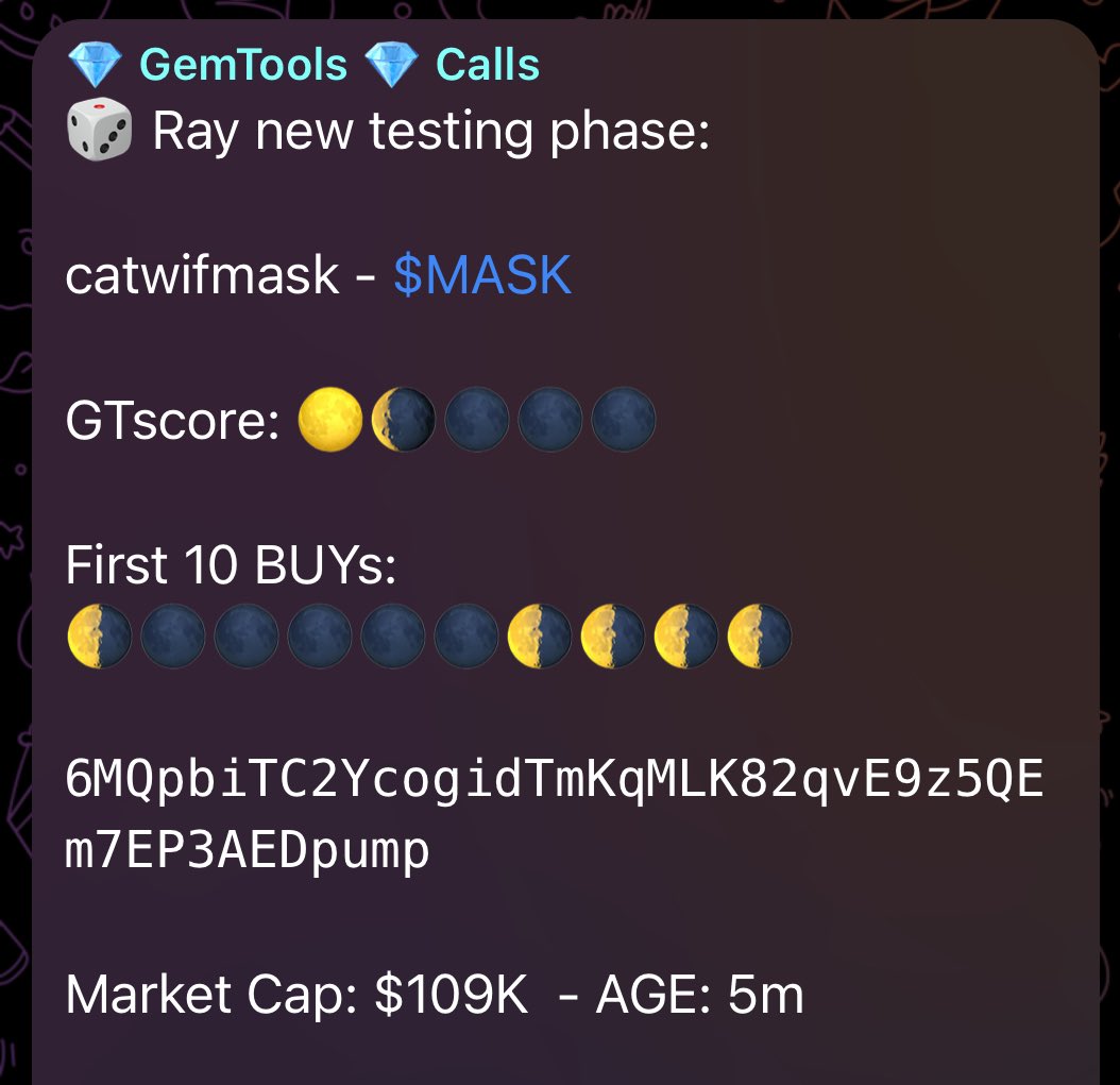 Mag (@mag_gems) on Twitter photo 🧵 Another win for the printer bot.
This time it caught $MASK <a href="/thecatwifmask/">catwifmask</a> early
📍 CA: 6MQpbiTC2YcogidTmKqMLK82qvE9z5QEm7EP3AEDpump
💰 Entry: $109K MC
🚀 ATH: $18 MILLION
That’s a x165+ in just on day.
$100? Could’ve become $16,500+ 💸
As always, <a href="/gem_tools/">💎 GemTools 💎</a> was ahead of 🧵 Another win for the printer bot.
This time it caught $MASK <a href="/thecatwifmask/">catwifmask</a> early
📍 CA: 6MQpbiTC2YcogidTmKqMLK82qvE9z5QEm7EP3AEDpump
💰 Entry: $109K MC
🚀 ATH: $18 MILLION
That’s a x165+ in just on day.
$100? Could’ve become $16,500+ 💸
As always, <a href="/gem_tools/">💎 GemTools 💎</a> was ahead of