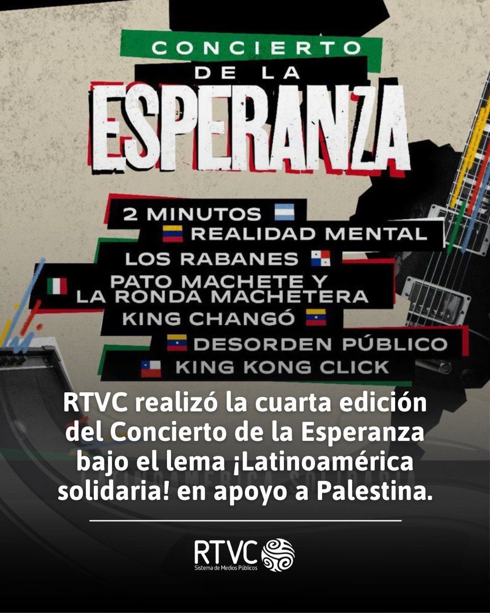 RTVC Colombia (@rtvcco) on Twitter photo <a href="/cafetacvba/">Café Tacvba</a> <a href="/LA33Orquesta/">La-33</a> <a href="/DoctorKrapula/">DOCTOR KRAPULA</a> <a href="/HOLLMANMORRIS/">Hollman Morris</a> <a href="/LASEVERA/">LA SEVERA MATACERA</a> <a href="/bombaestereo/">Bomba Estéreo</a> <a href="/systema_solar/">Systema Solar</a> <a href="/TotoMomposina/">Totó La Momposina</a> #ConciertoDeLaEsperanza 🎶 l En 2024, varios artistas de Latinoamérica se unieron a este llamado solidario, entre ellos Pato Machete y la Ronda Machetera, <a href="/LosRabanes/">Los Rabanes</a>, Realidad Mental, <a href="/desordenpublico/">Desorden Público</a>, King Changó, <a href="/KingKongClick_/">KingKongClick</a> y <a href="/los2minutos/">2 Minutos</a> 🎧 <a href="/cafetacvba/">Café Tacvba</a> <a href="/LA33Orquesta/">La-33</a> <a href="/DoctorKrapula/">DOCTOR KRAPULA</a> <a href="/HOLLMANMORRIS/">Hollman Morris</a> <a href="/LASEVERA/">LA SEVERA MATACERA</a> <a href="/bombaestereo/">Bomba Estéreo</a> <a href="/systema_solar/">Systema Solar</a> <a href="/TotoMomposina/">Totó La Momposina</a> #ConciertoDeLaEsperanza 🎶 l En 2024, varios artistas de Latinoamérica se unieron a este llamado solidario, entre ellos Pato Machete y la Ronda Machetera, <a href="/LosRabanes/">Los Rabanes</a>, Realidad Mental, <a href="/desordenpublico/">Desorden Público</a>, King Changó, <a href="/KingKongClick_/">KingKongClick</a> y <a href="/los2minutos/">2 Minutos</a> 🎧
