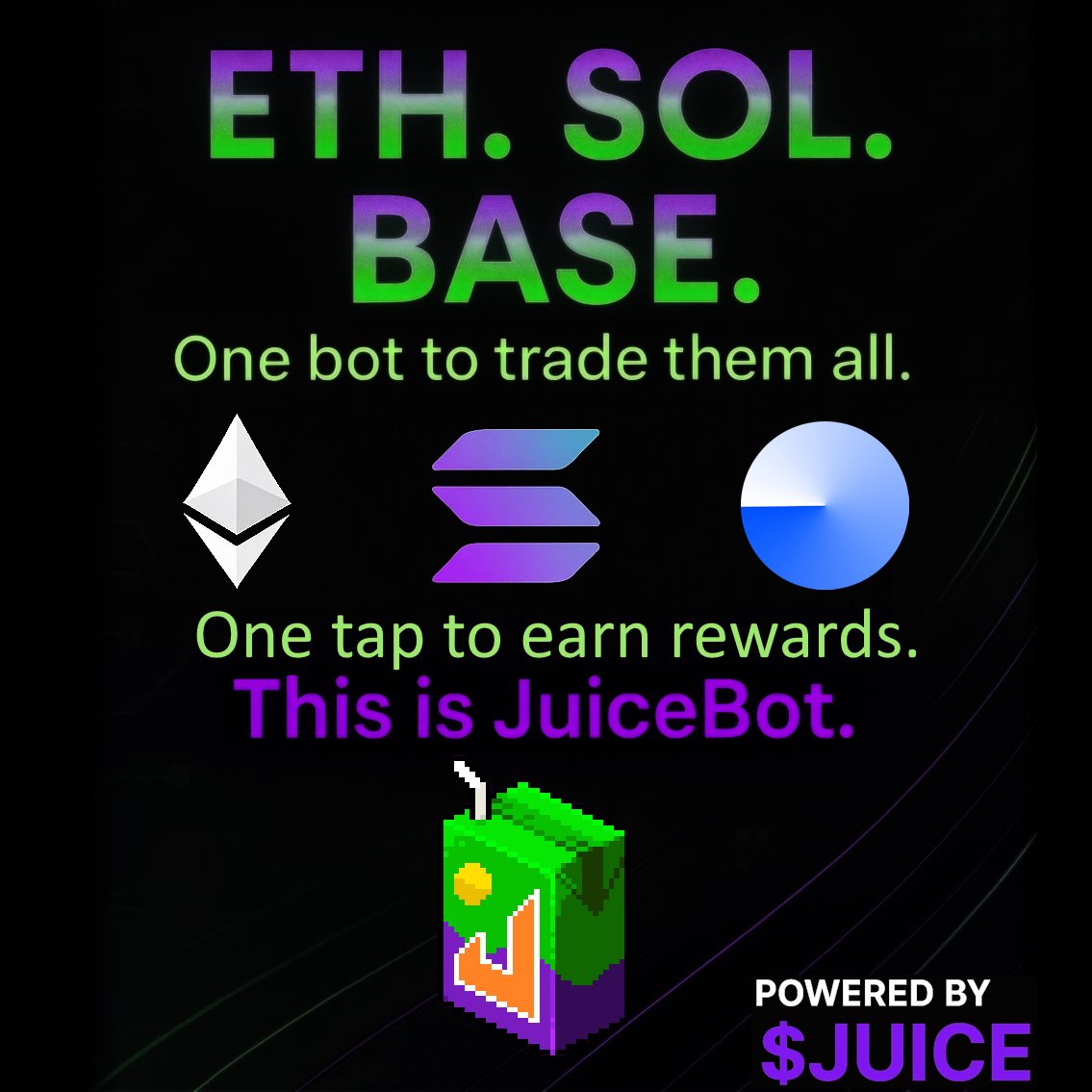 frizztacular's tweet image. ETH 🦄 SOL ☀️ BASE 🧿
One bot to trade them all.
One tap to earn rewards.
Multichain. Lightning fast. Rug-resistant.
This is @JuiceBotApp
Powered by $JUICE
Here is why you need it in your trading arsenal: