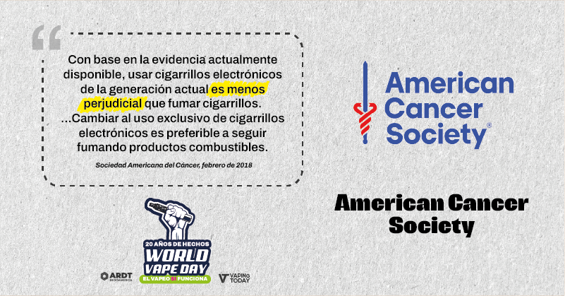 La American Cancer Society reconoce: vapear es menos perjudicial que fumar.
#WorldVapeDay #ReducciónDeDañosYa #MiSaludMiElección #20AñosSinHumo

<a href="/echelecabeza/">Échele Cabeza</a>, <a href="/NicotinaRRD/">Plataforma para la Reducción de Daños en Nicotina</a>, <a href="/anesvap/">ANESVAP</a>, <a href="/provapeomexico/">Pro-Vapeo Mexico A.C.</a>, <a href="/AsovapeCR/">Asovape Costa Rica</a>, <a href="/ARDTPanama/">ARDT Panamá</a>, <a href="/AsoVape/">AsoVape Colombia</a>, <a href="/PeruAsovape/">Asovape Peru</a>, <a href="/AsovapeChile/">Asovape Chile</a>, <a href="/Asovapeuy/">ASOVAPE Uruguay</a>,