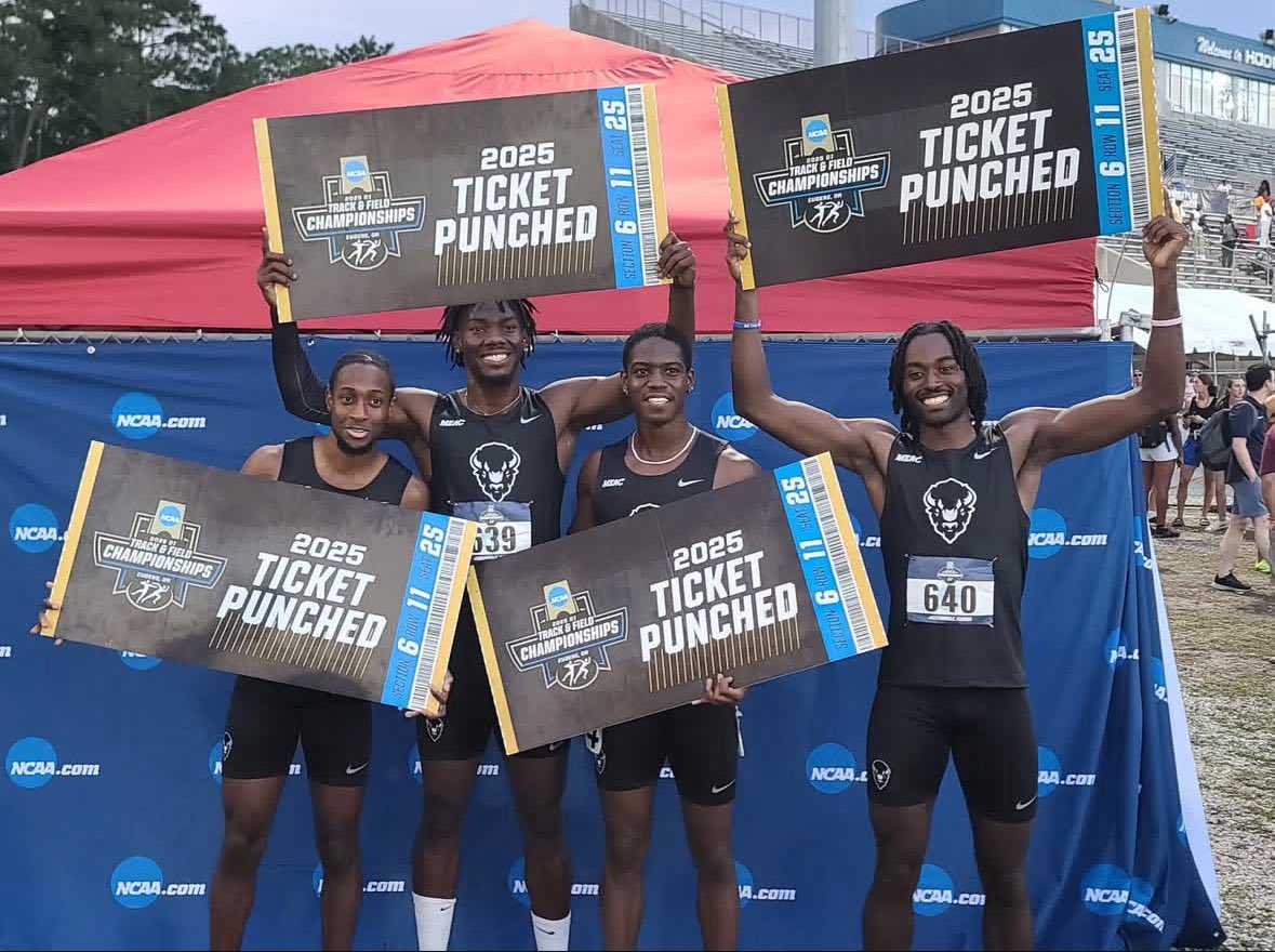 HUBisonTFXC's tweet photo. 𝐓𝐈𝐂𝐊𝐄𝐓 𝐏𝐔𝐍𝐂𝐇𝐄𝐃!🎟️
The 4x400m relay team of Emerson McKindra, Noah Langford, Cameron Brazell and Elijah Grant run 3:03.88 to qualify for the NCAA Championship semi finals for the first time since 1986!

#BeTheStandard 🦬 https://t.co/4OBcsgz6RC