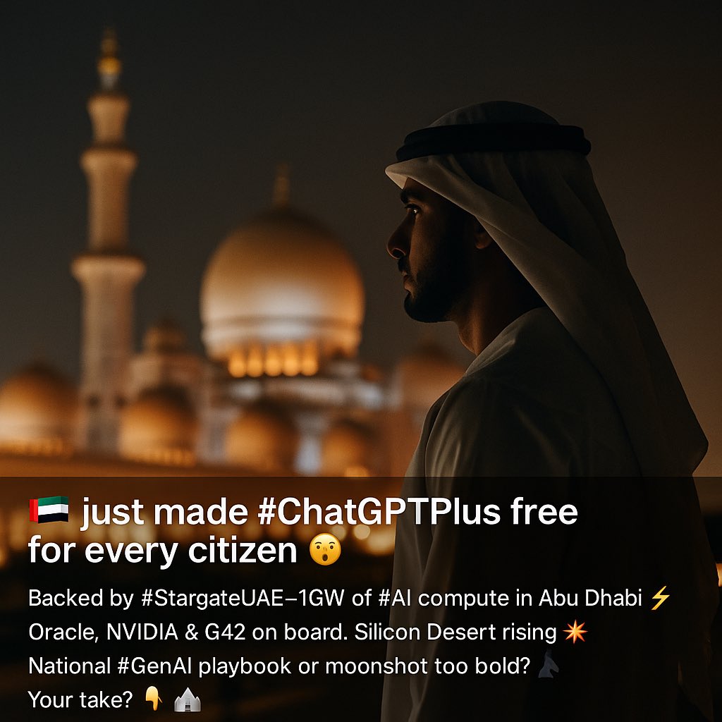 KryptonAi's tweet image. 🇦🇪 just made #ChatGPTPlus free for every citizen 🤯  

Backed by #StargateUAE, 1GW of #AI compute in Abu Dhabi ⚡️  

Oracle, NVIDIA &amp;amp; G42 on board. Silicon Desert rising 💥  

National #GenAI playbook or moonshot too bold? 🔭  

Your take? 👇🕌  

#OpenAI #UAE #ChatGPT