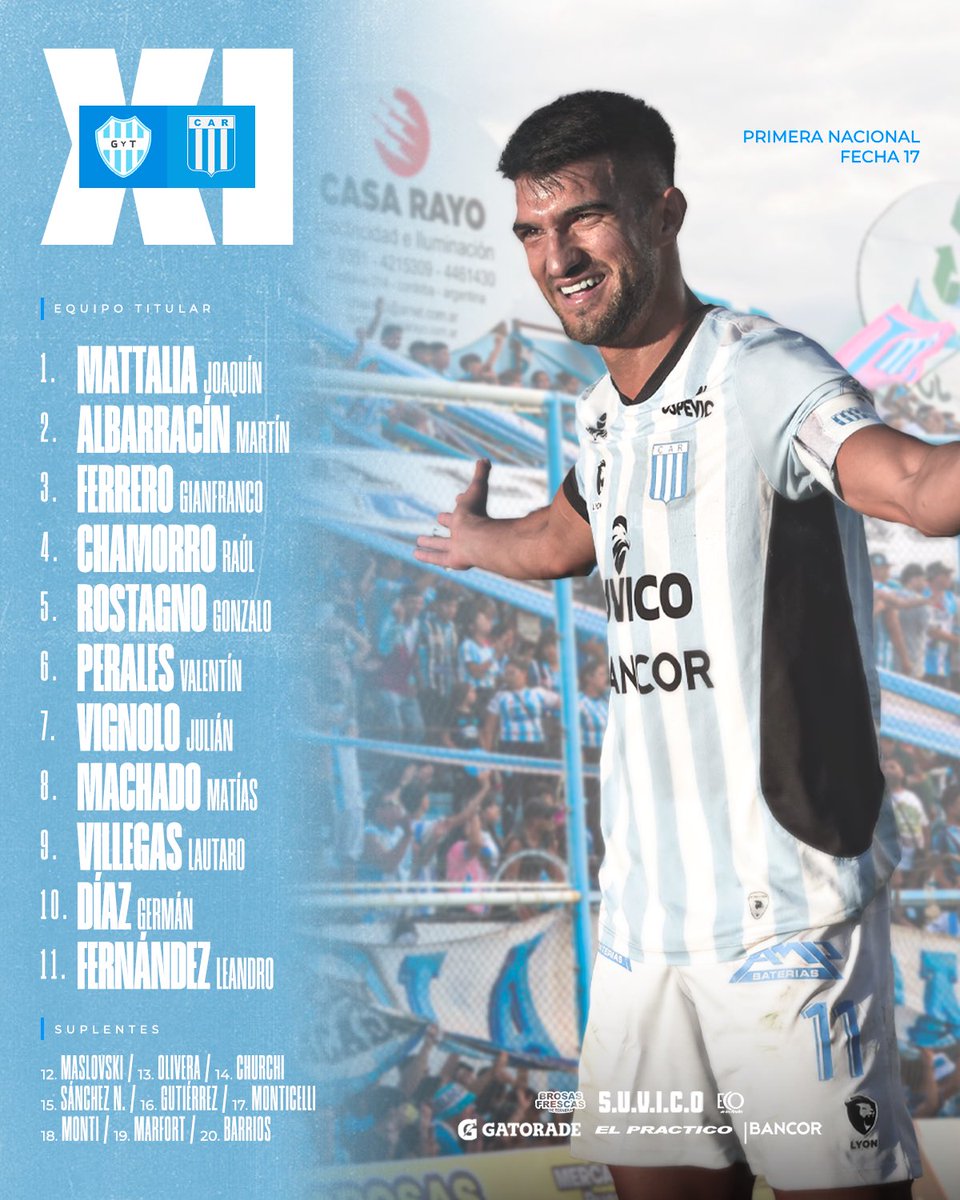 ¡El 11 inicial de la Academia para visitar a Gimnasia y Tiro! 

¡Vamos Racing! 🇸🇲👊🏼