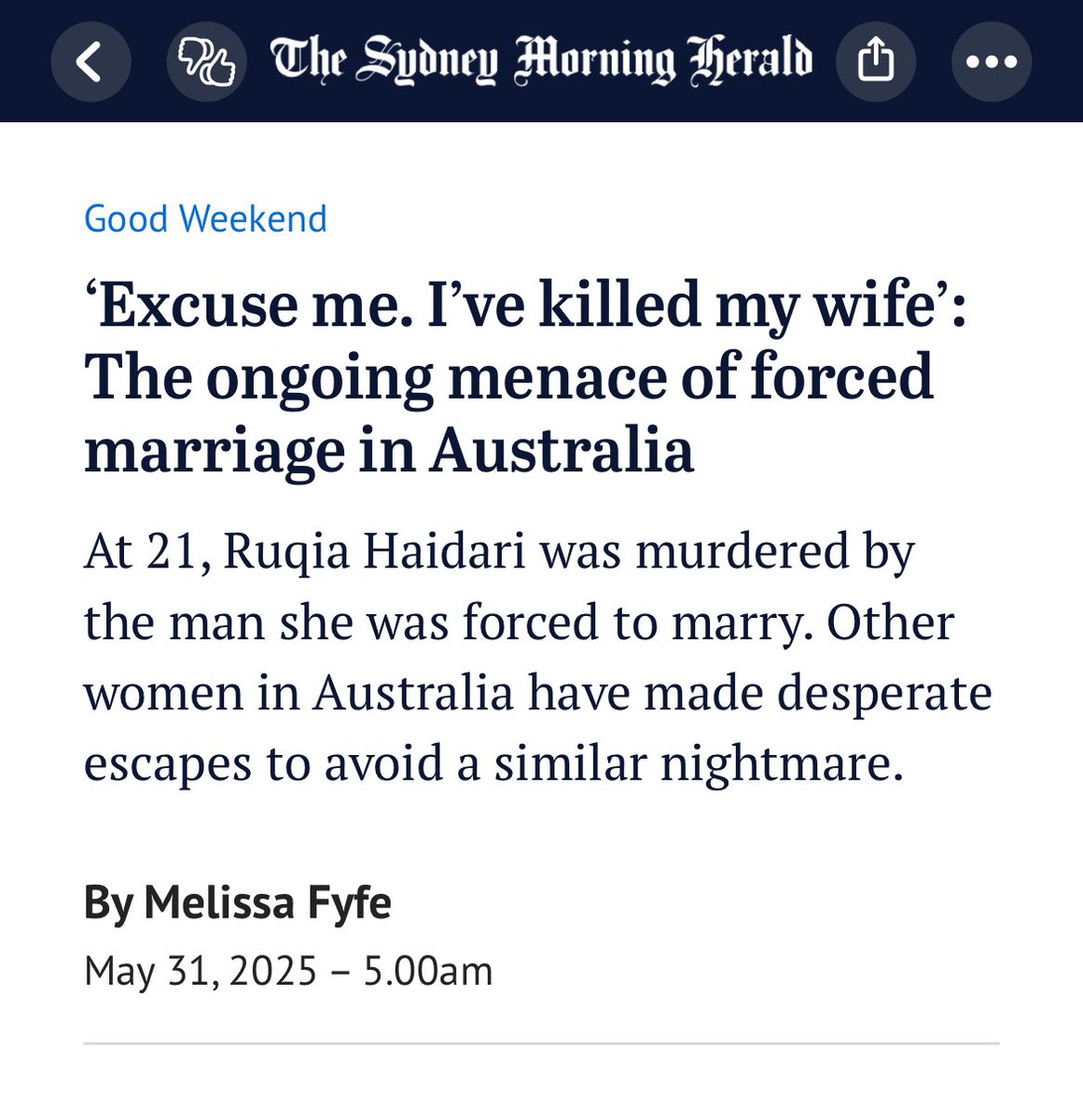 Michy B (@michaelamarea) on Twitter photo Um… I think <a href="/smh/">The Sydney Morning Herald</a> is confusing ‘the menace of forced marriage’ with the ‘menace’ of domestic violence. Um… I think <a href="/smh/">The Sydney Morning Herald</a> is confusing ‘the menace of forced marriage’ with the ‘menace’ of domestic violence.