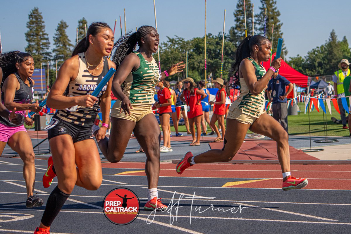 PrepCalTrack's tweet photo. It’s Archbishop Mitty and @LBPolyTrack_XC dueling in the girls @CIFState 4x100 prelims!   📸: @jeffturner https://t.co/4p8QwwBKSC